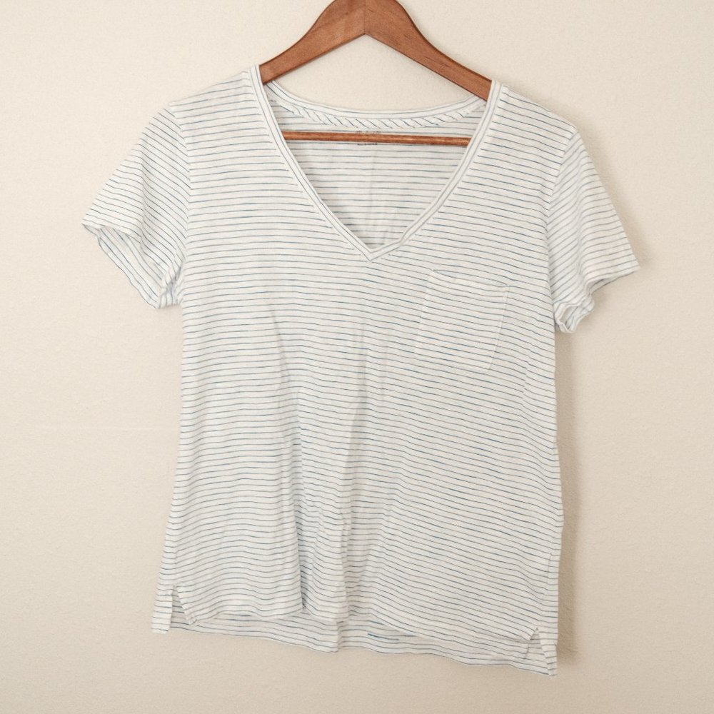 White and Blue Striped Madewell V Neck Tee